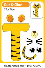 Vector Cut and Glue, Kids educational worksheet: T for Tiger
