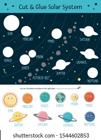 Vector cut and glue solar system for children. Space educational activity with smiling earth, sun,  moon,  Venus,  mars,  Jupiter,  mercury,  Saturn,  Neptune 