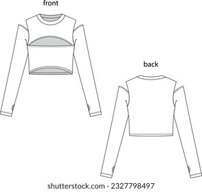 Vector cut long sleeve t-shirt fashion CAD, women's winter crewneck, crop top technical drawing, template, sketch, plain, mock-up. Front and back view, modern crop top in white jersey