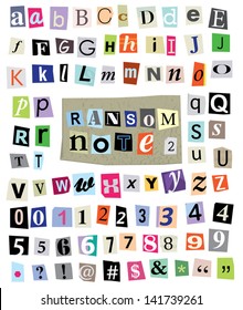 Vector cut newspaper and magazine letters, numbers, & symbols. Mixed u/c & l/c and multiple options for each one. Perfect design elements for a ransom note, creative typography, & more. EPS 10.