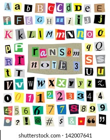 Vector cut newspaper and magazine letters, numbers, and symbols. Mixed u/c and l/c and multiple options for each one. Perfect design elements for a ransom note, creative typography, and more.