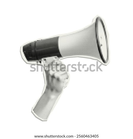 Vector cut out hand holding loudspeaker. Trendy retro element with a halftone effect for collage, poster, banner, cover design.