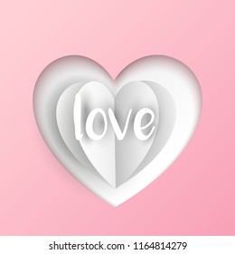 Vector cut out heart with folded paper heart and text on pastel pink background