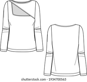 Vector cut out long sleeved t shirt fashion CAD, woman winter boat neck top technical drawing, template, sketch, flat. Jersey or woven fabric top with front, back view, white color