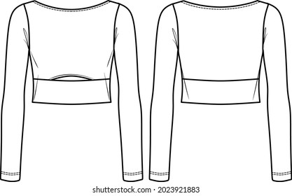 Vector cortó la moda de camiseta de manga larga CAD, mujer barca de invierno arriba dibujo técnico, plantilla, sketch, plano. Encima del cultivo de Jersey con el frente, la vista posterior, color blanco