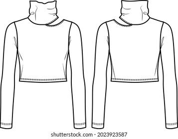 Vector cortó la moda de camisetas de manga larga CAD, mujer de invierno de la tortuga de cuello superior dibujo técnico, plantilla, esbozo, plano. Tejido de tela Jersey o costilla superior con vista frontal, trasera, color blanco