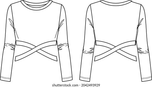 Vector cut out long sleeved t shirt fashion CAD, woman winter round neck crop top technical drawing, template, sketch, flat, mock-up. Jersey modern crop top with front, back view, white color