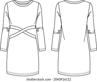 Vector cut out long sleeved dress fashion CAD, woman winter round neck dress technical drawing, template, sketch, flat, mock-up. Jersey modern slim fit dress with front, back view, white color