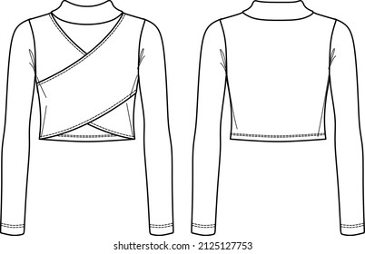 Vector cut out long sleeved t shirt fashion CAD, woman winter turtle neck wrap crop top technical drawing, template, sketch, flat, mock-up. Jersey modern crop top with front, back view, white color