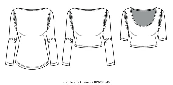 Vector cut out long sleeved t shirt fashion CAD, woman winter boat neck  crop top technical drawing, template, sketch, flat, mock-up. Jersey modern 3 pieces set top with front, back view, white color