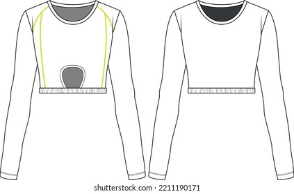 Vector cut out long sleeved t shirt fashion CAD, woman winter turtle neck wrap crop top technical drawing, template, sketch, flat, mock-up. Jersey modern crop top with front, back view, white color