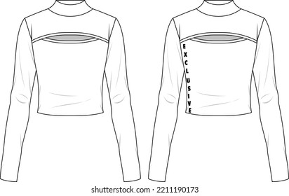 Vector cut out long sleeved t shirt fashion CAD, woman winter turtle neck wrap crop top technical drawing, template, sketch, flat, mock-up. Jersey modern crop top with front, back view, white color