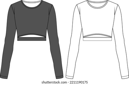 Vector cut out long sleeved t shirt fashion CAD, woman winter turtle neck wrap crop top technical drawing, template, sketch, flat, mock-up. Jersey modern crop top with front, back view, white color