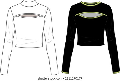 Vector cut out long sleeved t shirt fashion CAD, woman winter turtle neck wrap crop top technical drawing, template, sketch, flat, mock-up. Jersey modern crop top with front, back view, white color