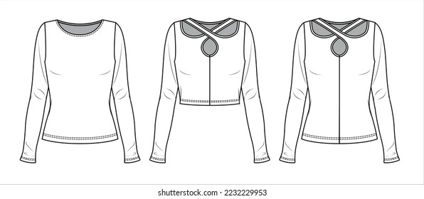 Vector cut out long sleeved t shirt fashion CAD, woman winter round neck  crop top technical drawing, template, sketch, flat, mock-up. Jersey modern 3 pieces set top with front, back view, white color