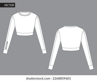 Vector cut out long sleeved t shirt fashion CAD, woman winter boat neck crop top technical drawing, template, sketch, flat, mock-up. Jersey modern 3 pieces set top with front, back view, white color