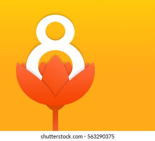 Vector cut out paper 8 march with orange flower greeting card transparent shadow spring holiday place for text
