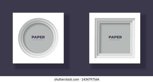 Vector cut out paper frame template set. Round and square frame with easy to recolor and move shadows. Shades of grey color. Design element for banner, poster, web, print.