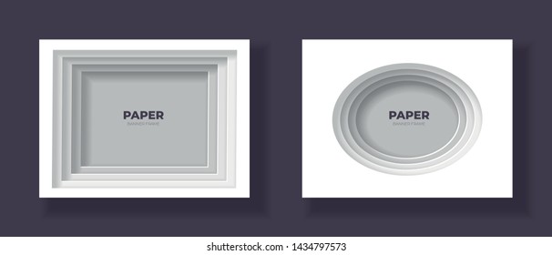 Vector cut out paper frame template set. Ellipse and rectangle frame with easy to recolor and move shadows. Shades of grey color. Design element for banner, poster, web, print.