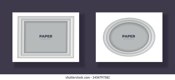 Vector cut out paper frame template set. Ellipse and rectangle frame with easy to recolor and move shadows. Shades of grey color. Design element for banner, poster, web, print.