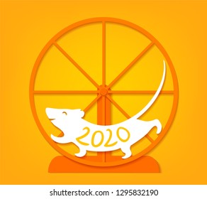 Vector cut out paper illustration with cute cheerful rat running in the wheel symbol of new 2020 year 