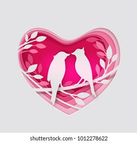 Vector cut out of paper pink heart with two birds on a branch. Romantic Valentine background. Holiday greeting card