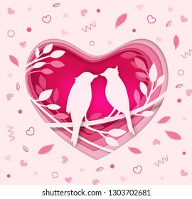 Vector cut out of paper pink heart with two birds on a branch. Romantic Valentine paper cut background. Holiday greeting card