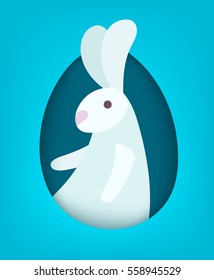 Vector cut out paper rabbit or bunny easter symbol in oval as egg greeting card spring holiday flat simple style
