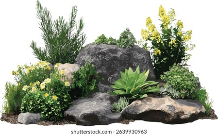 Vector cut out plants, nature rock timber, gardening design, layout PNG, outdoor garden layout, wooden texture, landscaping ideas, nature designs, rock elements, garden plants