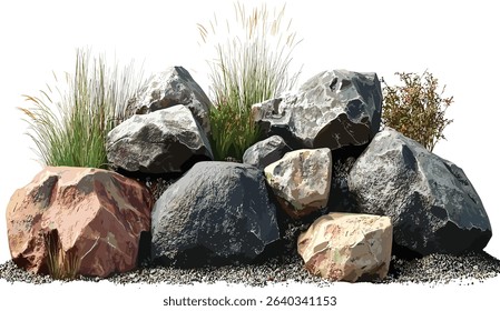 Vector cut out rock stones layout, transparent background, isolated rocks, nature textures, stone composition, landscape elements, organic rock formations, stone artwork