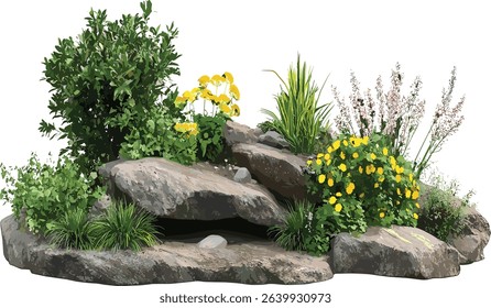 Vector cut out timber design, gardening plants, nature rock layout, PNG file, nature gardening, outdoor plants, wooden design, ecofriendly gardening, landscape elements