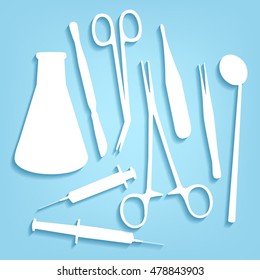Vector cut out white paper with shadow medical tools set