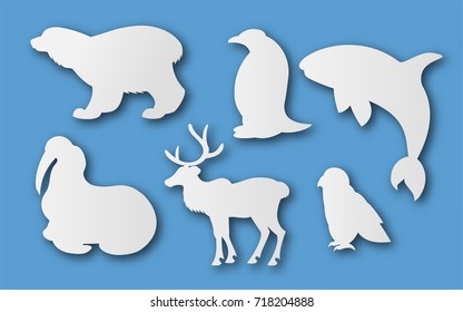 Vector cut out white paper polar animal set with transparent shadow bear, penguin, walrus, reindeer, owl, grampus