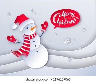 Vector cut paper art style illustration of Snowman wearing santa hat on Merry Christmas lettering banner and snowdrifts background.