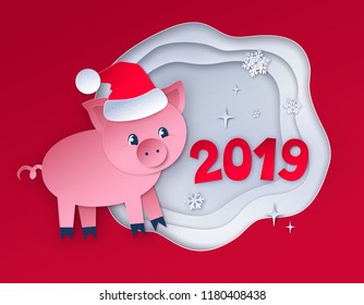 Vector cut paper art style illustration red colored postcard of New Year Pig and 2019 numbers on white layered shapes banner background.