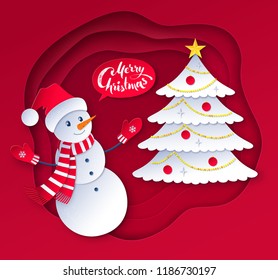 Vector cut paper art style illustration of Snowman wearing santa hat on  Christmas tree and layered banner background.
