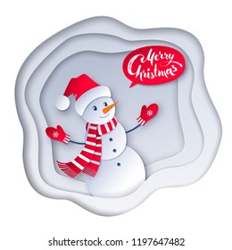 Vector cut paper art style illustration of Snowman wearing santa hat on white layered banner background.
