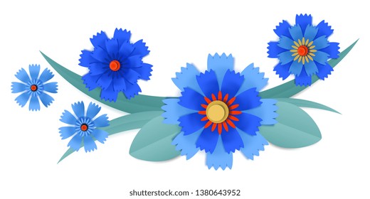 Vector cut paper blue cornflowers in vignette