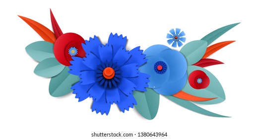 Vector cut paper blue cornflowers in vignette
