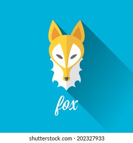 vector cut paper little fox. fox flat icon vector illustration on blue with shadow