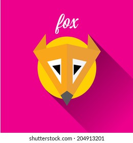 vector cut paper little fox. fox flat icon vector illustration on pink  with shadow