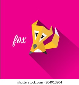 vector cut paper little fox. fox flat icon vector illustration on pink  with shadow