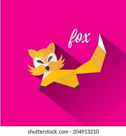 vector cut paper little fox. fox flat icon vector illustration on pink  with shadow