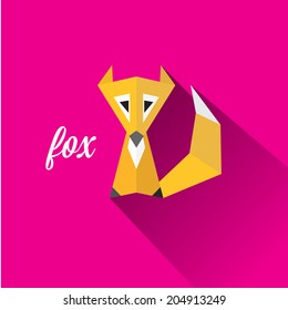 vector cut paper little fox. fox flat icon vector illustration on pink  with shadow