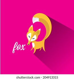 vector cut paper little fox. fox flat icon vector illustration on pink  with shadow