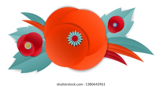 Vector cut paper poppy flowers in vignette