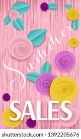 Vector cut paper roses pink Summer Sales banner