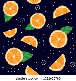 Vector cutaway oranges pattern on dark blue background with yellow circles and rings