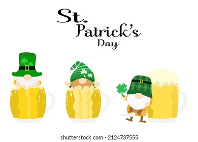 Vector - Cute 3 Gnomes con una taza de cerveza, un globo de corazón y 4 hojas (shamrock). Feliz Día de San Patricio, Holiday. Se puede usar para afiches, banner, imprimir, tarjeta, invitación. Imágenes prediseñadas.