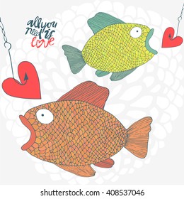 Vector cute abstract hand drawing fish with fishing hook romantic love card background
